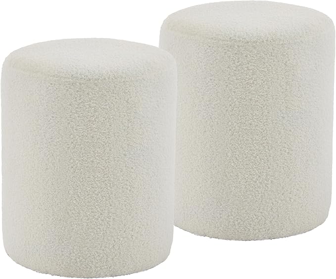 Modern Round Ottoman 2Pcs, Classic Foot Stool Ottoman, Teddy Fleece Upholstered Vanity Stool for Makeup, Bedroom, Living Room, White