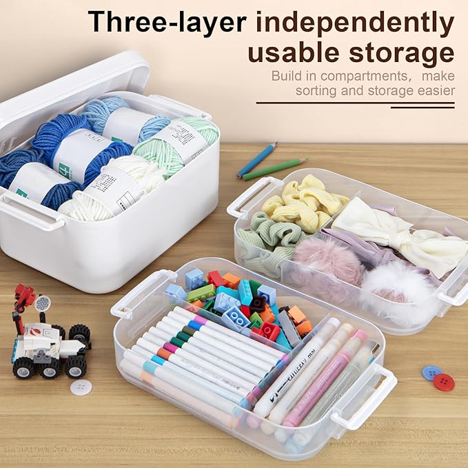 3-Tier Plastic Craft Organizers and Storage Box with Removable Trays, Portable Art Supply Storage Organizer with Handle, Art & Craft Storage for Organizing Bead, Sewing, Tool