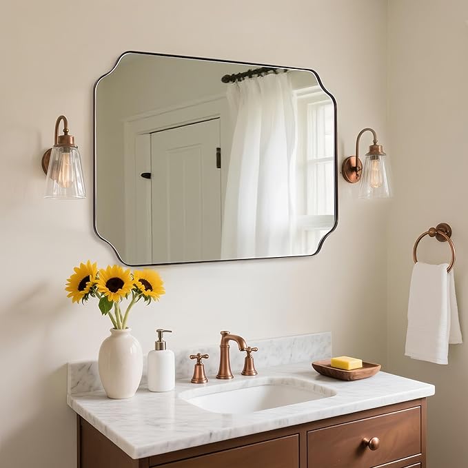 ANDY STAR Rectangle Mirror 30x40 Inch, Brushed Bronze Scalloped Mirror for Bathroom, Rust-Proof Stainless Steel 1" Frame, Antique Scalloped Edge Design Ideal for Home Decor