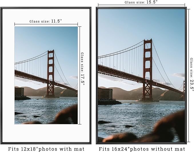 Frametory, 16x24 Metal Picture Frame with Mat for 12x18 Picture & Real Glass, Aluminum Photo Frame Collection (Black, 2 Pack)