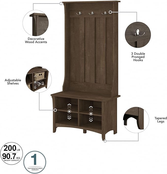 Bush Furniture Salinas Hall Tree with Shoe Storage Bench in Ash Brown, Multi-Purpose Home Organizer, Entryway Solution with Seating and Hooks
