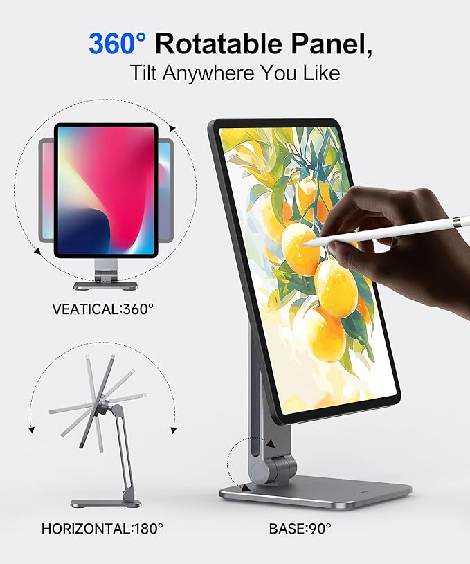 Magnetic iPad Stand with Wireless Charging, 18W Fast Charger, Suction Cup Base, 360° Rotating Panel & Foldable, ONLY for iPad Pro12.9” (M2/M1/4th/3rd) & Air13” (M3/M2), Work/Study Desk - Gray