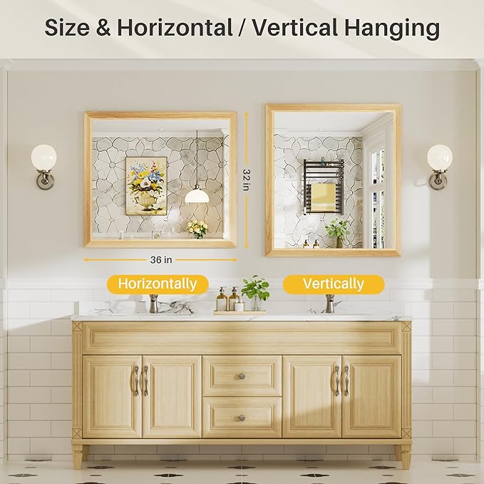 36x32 Inch Bathroom Mirror for Wall, Anti-Rust Oak Wood Grain Metal Framed Bathroom Mirrors for Over Sink,Rectangler Mirrors for Bathroom Vanity, Farmhouse, Bedroom, Living Room, Entryway Decor