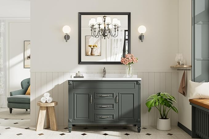 36x36 Inch Black Bathroom Mirror for Wall, Thick Metal Framed Rectangle Mirrors for Over Sink, Bedroom, Living Room, Entryway, Anti-Rust, HD Tempered Glass