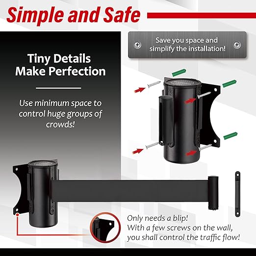 DuraSteel Wall Mount Crowd Control Retractable Belt Barrier - 9.2 Ft Black Retractables Barrier Belt, Crowd Control Barriers Do Not Enter Line Dividers for Crowds NOT Stanchions with Retractable Belts