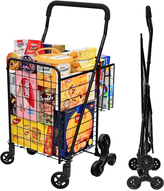 Grocery Shopping Cart with 360° Rolling Swivel Wheels Stair Climber Utility Cart Easily Collapsible Cart with Tri-Wheels, 66lb Extended Foam Cover, Trolley for Stair, Laundry, Travel (Black)