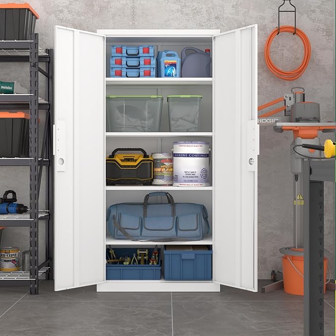 LUCYPAL Garage Storage Cabinets with Lock Doors,Metal Garage Storage Cabinets with 4 Adjustable Shelves for Home,Office, Warehouse(White)