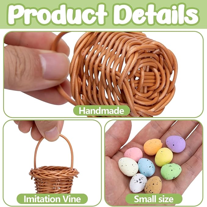 12 Pack Easter Mini Woven Handbasket with 50 Pcs Eggs,Tiny Decorative Picnic Baskets with Handle, Easter Miniature Basket Set for Home Office Decor Wedding Birthday Party Favors