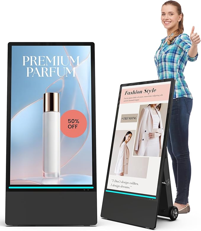 HARZHI 43 Inch Outdoor Digital Signage Display, Portable Powered High Brightness Screen Advertising Display Kiosk, Movable Waterproof Standing Poster, Business Helper, Android OS MWE