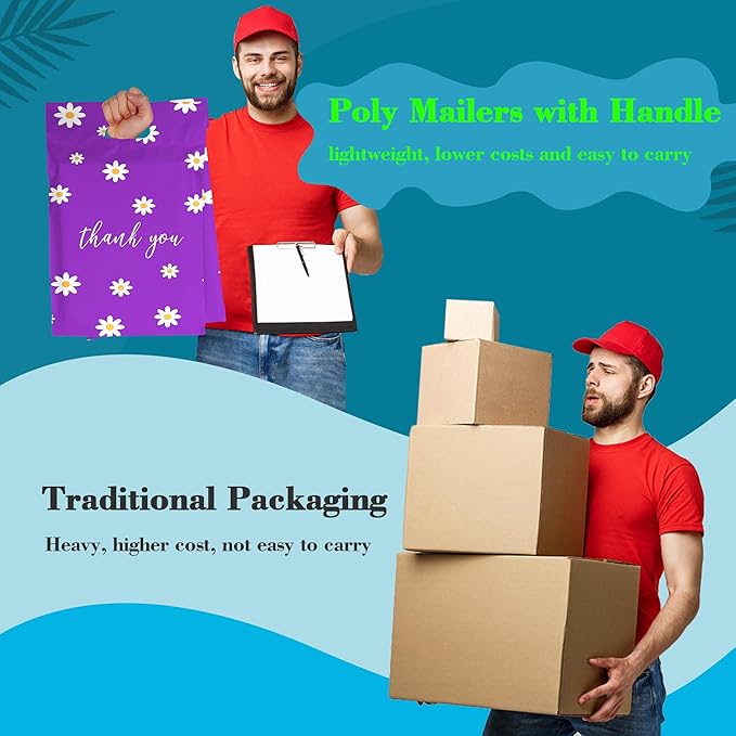 JinRuiKJ Poly Mailers with Handle 12x15.5 Inch 50 Pcs, Easy to Carry Packaging Bags for Small Business, Thank You Shipping Bags with Self Adhesive Strip, Tearproof and Waterproof