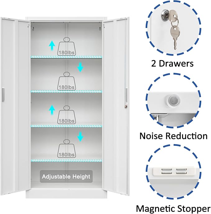 BESFUR Metal Storage Cabinet, 72" - White Garage Metal Cabinet, Adjustable Shelves and Locking Doors for Office, School, Garage