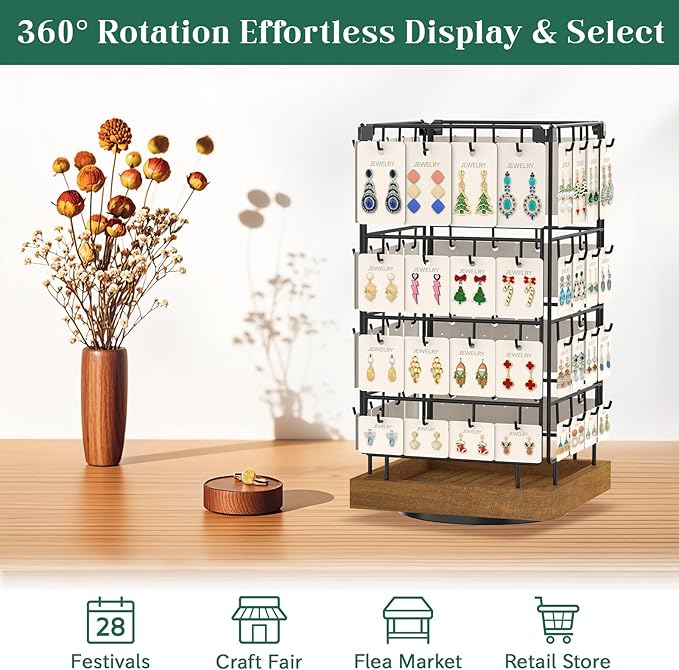 EsLuker.ly Rotating Earring Display Holder Stand for Vendors Events Selling, Large Capacity 64 Hooks Jewelry Rack with Wooden Base for Earring Card Sales, Enhances Retail Display Visibility