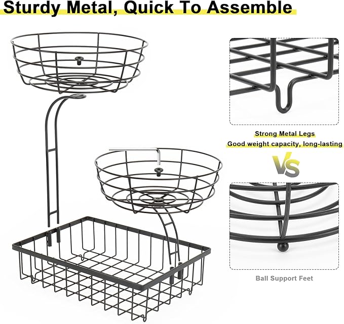 3 Tier Countertop Fruit Vegetable Basket Bowl Storage, Solid Metal Kitchen Counter Organizer for Storing Fruits, Veggies, Bread, Snacks (Black)