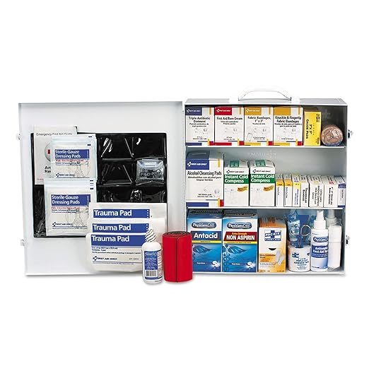 First Aid Only 90575 3-Shelf ANSI B+ and OSHA-Compliant First Aid Kit, 100-150-Person Emergency First Aid Kit for Business and Worksite, First Aid Metal Cabinet with Medications, 676 Pieces