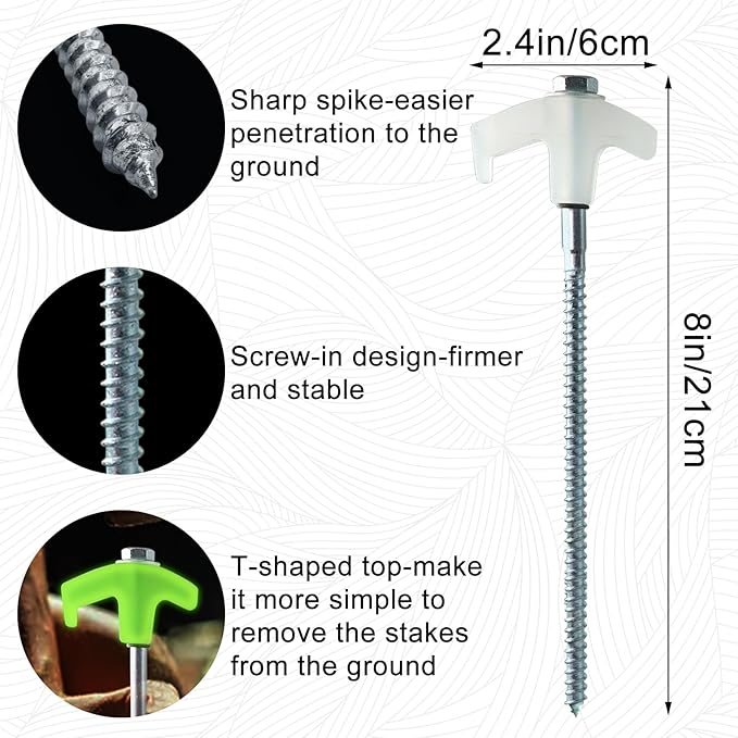 Screw in Tent Stakes Heavy Duty,8 Inch Ground Anchors Screw in,Metal Stakes with Hex Head Driver,Camping Tent Accessories (12, White)