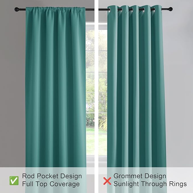 PONY DANCE Rod Pocket Curtains - 42 x 54 inches Sea Teal Blackout Curtain Panels Window Covering Thermal Insulated Light Block for Kitchen Bathroom Privacy Protect Drapes, 2 Pieces