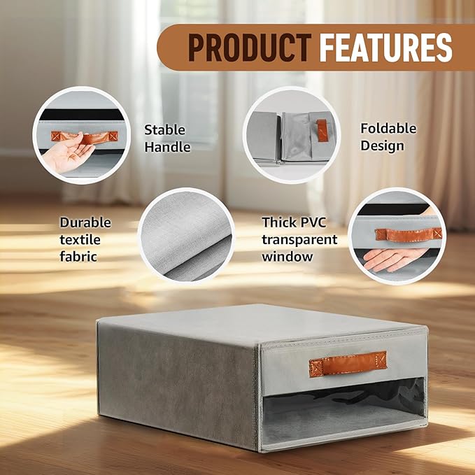 Closet Organizers and Storage Bins, Stackable Storage Drawers, Fabric Organizer Bins with Drawers,Stackable Closet Bins with Clear Window for Bedroom, Shelf,Room15.7"x 12.6"x 6.7"(Grey)