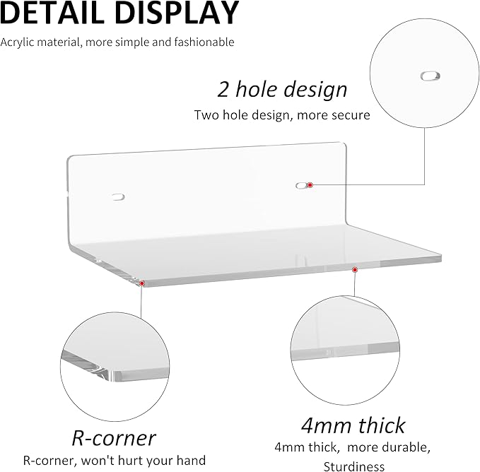 9 Inches Acrylic Wall Shelves 2 Pack, Floating Shelf for Wall Mounting, Acrylic Display Ledges for Funko Pop Figures, Home Décor, Living Room, Gaming Room, Plants(9 inch, Clear)