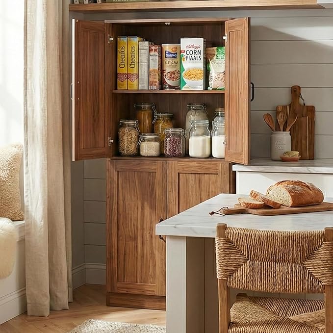 71" Tall Kitchen Pantry Cabinet, Freestanding Food Storage Organizer with Doors & Adjustable Shelves, Large Utility Hutch Cupboard for Dining Room, Living Room, Bathroom & Home Office, Brown