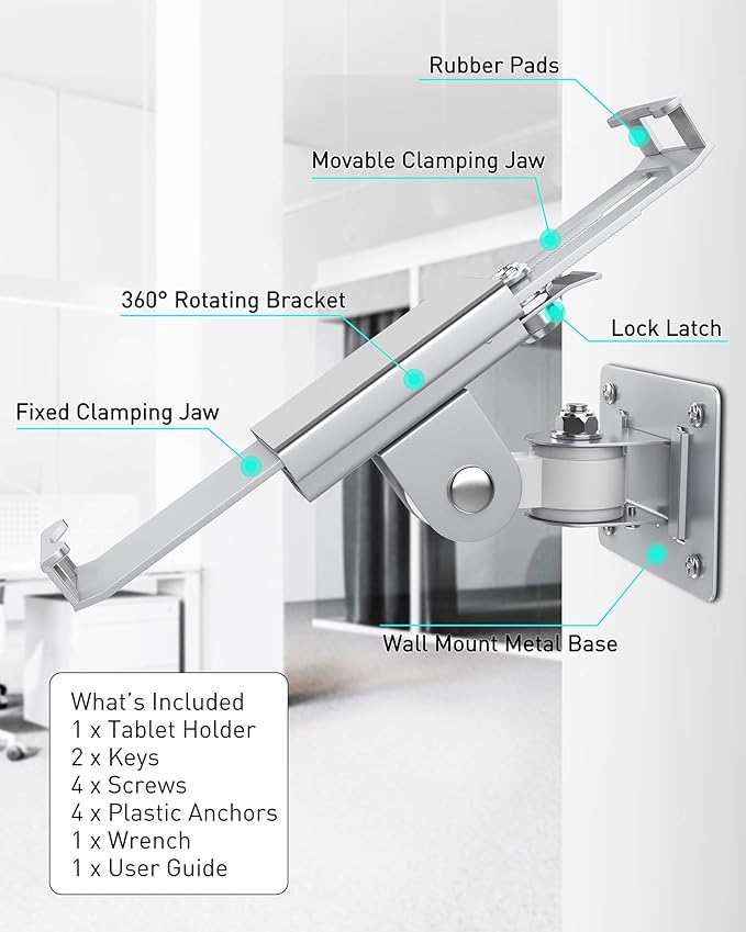 AboveTEK Tablet Wall Mount -360° Rotation iPad Wall Holder for Retail & Business, Anti Theft iPads Stand Fits 7"-11" Tablets Including iPad Pro/Air/Mini, Galaxy Tab - Security Lock & Key - (Silver)