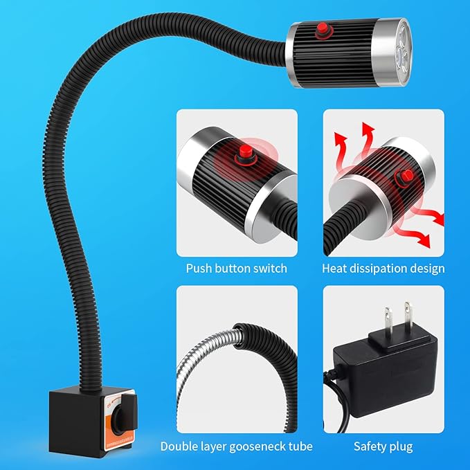 Magnetic Work LIght, 9W Led Flexible Gooseneck with Adjustable Magnetic Base For Lathe Machine Milling Drill Press Workbench Industrial Lighting