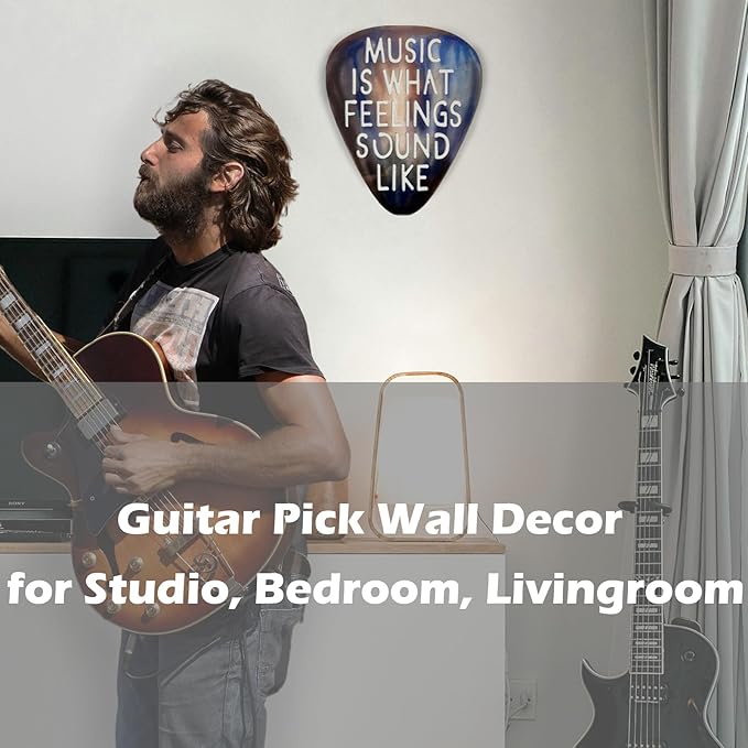 AZEZO Metal Guitar Pick Décor, 12’’x10’’ Music Wall Art, Stainless Guitar Wall Art, Featuring ‘Music Is What Feelings Sound Like’