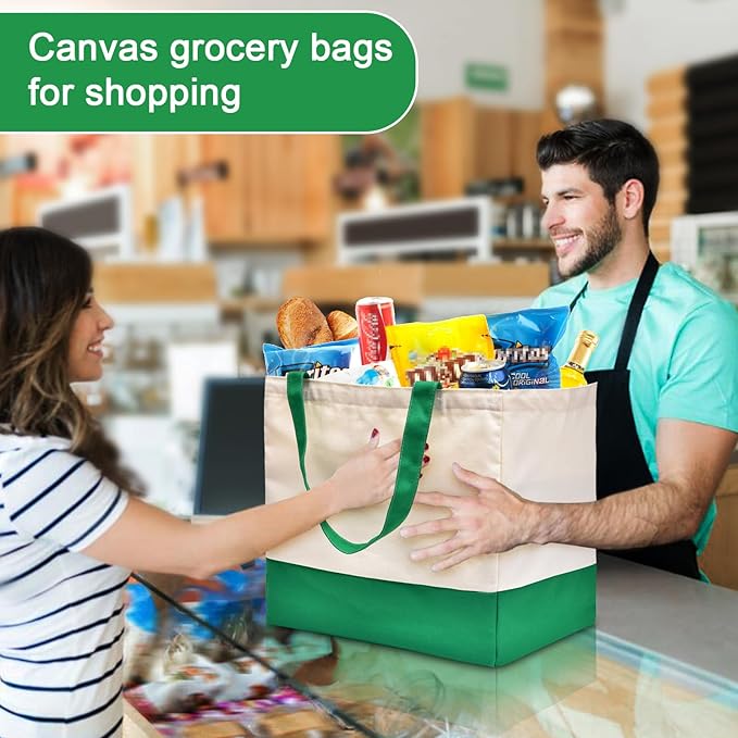 Canvas Reusable Grocery Bags Heavy Duty, 8.3 gal Foldable Large Canvas Tote Bag with Handles, Holds 60 lbs Shopping Bags, 3 Pack