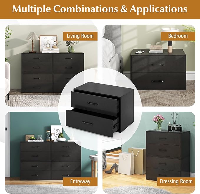 POWERSTONE 2 Drawers Storage Cabinets, Wooden Dresser Organizer, Under Desk Storage for Living Room, Bedroom, Home Office, Black