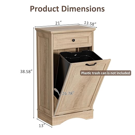 13 Gallons Tilt Out Trash Cabinet Freestanding Kitchen Trash Bin Cabinet Wood Garbage Recycling Cabinet with Hideaway Drawer Pet Proof Trash Can Holder for Kitchen Living Room, Light Wood