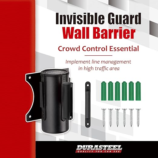 DuraSteel Wall Mount Retractable Belt Barrier - 9.2 Ft Red Safety Belt in Sturdy Black Casing - Guardian 1.0 Indoor & Outdoor Do Not Cross Caution Tape for Crowd Control Queue Barrier, Line Divider