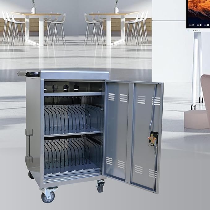 32 Devices Laptop Charging Cart, Tablet Storage Carts for Pad Up to 16.3" Screen Size, Classroom Computer Mobile Charging Station for Pads,Chromebooks,Laptops,Security Storage (Silver)