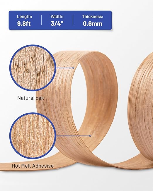 Red Oak Edge Banding 3/4 inch x 10 ft Real Wood Veneer Plywood Edge Banding Iron-on Pre-glued Veneer Edging Tape for Cabinet Repairs Furniture Restoration