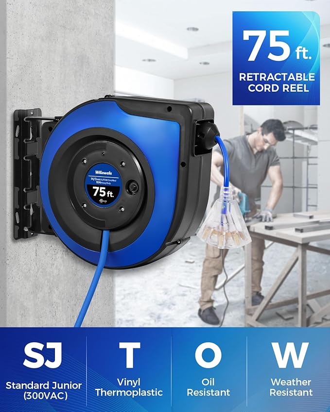 Retractable Cord Reel, 75 FT Heavy Duty Extension Cord, 14AWG/3C SJTOW, 3 Grounded Outlets Lighted Triple Tap, 10A Circuit Breaker, Wall/Ceiling Mounted, UL Listed, Blue U75CR06