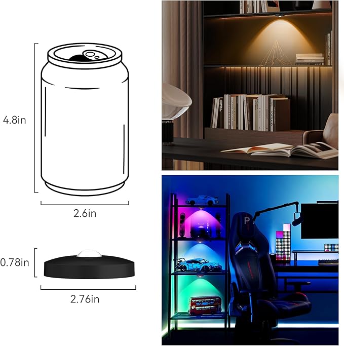 Rechargeable Puck Lights with Remote, 3 Pack Magnetic Under Cabinet Lighting, 1500mAh Battery Operated LED Tap Lights with Dimmer & Timmer for Kitchen, Closet, Shelf - 3 Color Temps & 12 RGB, Black