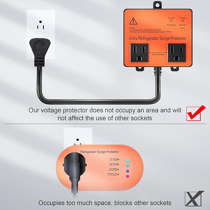 Refrigerator Surge Protector, Ortis Double Outlet Voltage Protector for Home Appliances with Time Delay, Protects Against Brownout, Spike, Instant Surge All Voltage Abnormalities, Orange