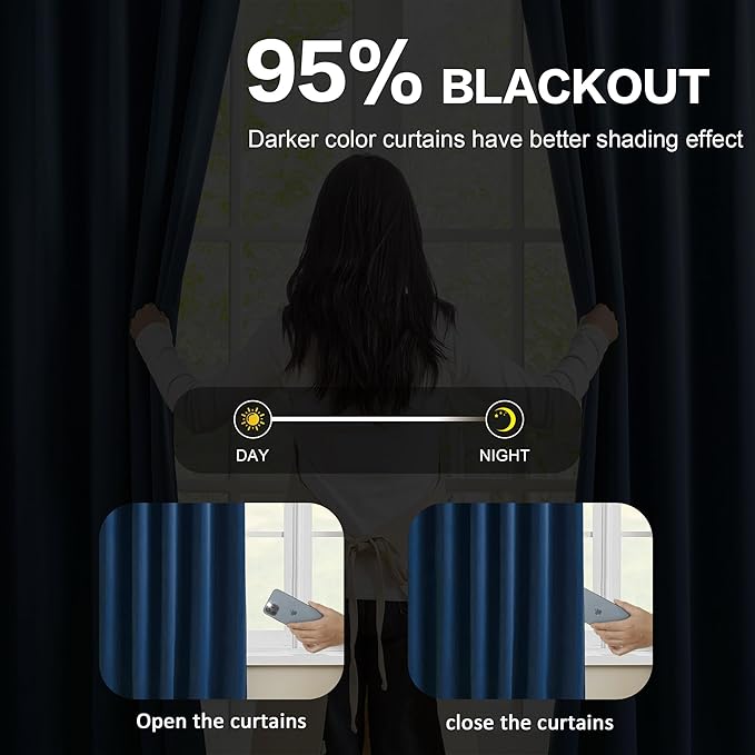 Navy Blue Curtains 102 Inches Long 2 Panels Set, Pinch Pleated Thermal Insulated Blackout Room Darkening Curtain for Living Room,Window Draperies with Hooks(Navy Dark Blue,40x102-inch)