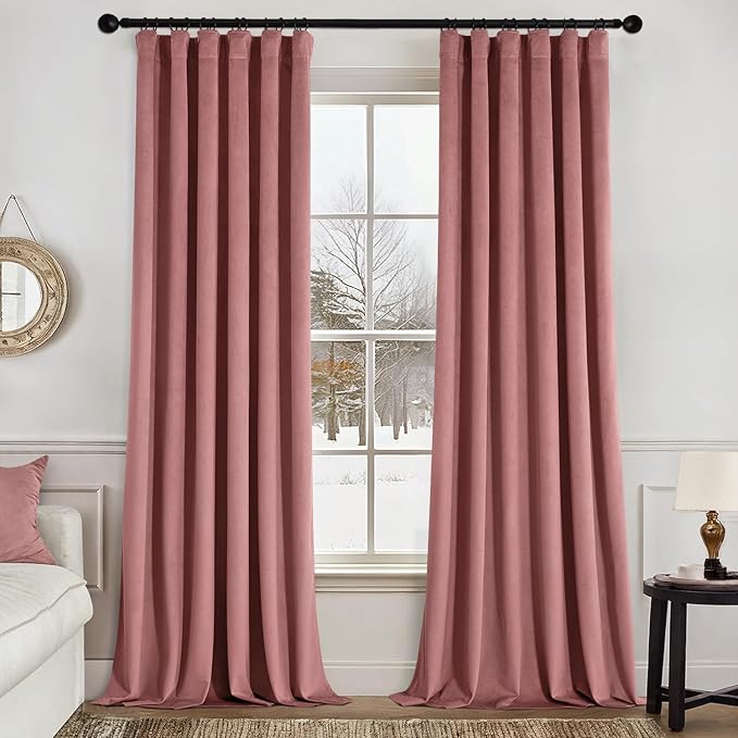 MIULEE Velvet Curtains 108 Inches Length 2 Panels Set for Bedroom, Pinch Pleat Back Tab Luxury Thermal Insulated Pink Living Room Darkening Pleated Blackout Extra Long Curtains with Hooks, Dusty Rose