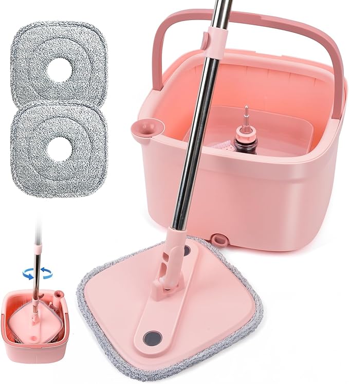 KZKR Square Spin Mop and Bucket Set with Self Separation Dirty and Clean Water System, Self Wringing 360° Rotating Mops Head with 2 Replaceable Microfiber Pads for Home Floors Cleaning