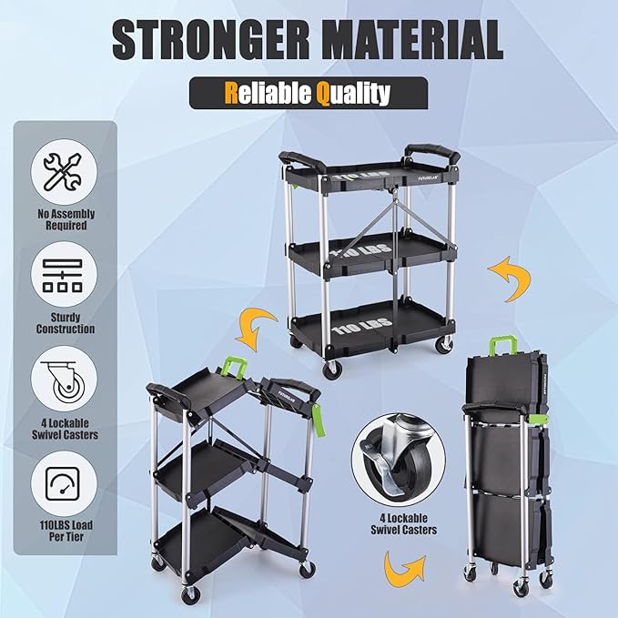 FUTURELAB Portable Folding Service Cart - 3 Tier 330LBS Capacity - Rolling Utility Cart Foldable with Wheels for Warehouse Home Workshops Garages Restaurants Offices (Green)