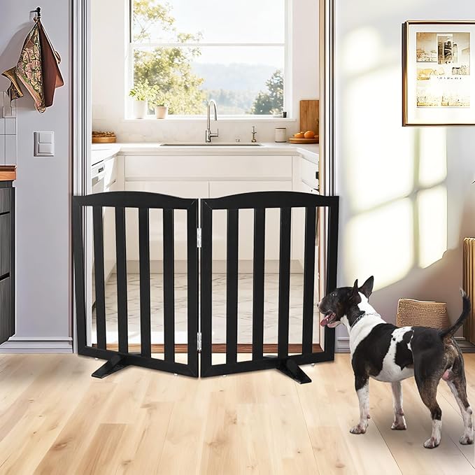 Freestanding Dog Gate Indoor,Doggie Gate Foldable Pet Gates for Doorways,Stairs or Hallways, Wooden Black Pet Gate for The House, Pet Fence with Support Feet Included,24 "Height-2 Panels