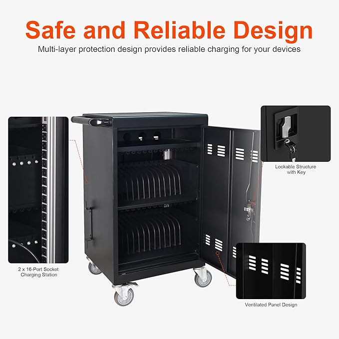 Laptop Charging Cart,32 Devices Tablet Storage Carts for Pad Up to 16.3" Screen Size, Classroom Computer Mobile Charging Station for Pads,Chromebooks,Laptops,Security Storage (30+2 Bay-Black)