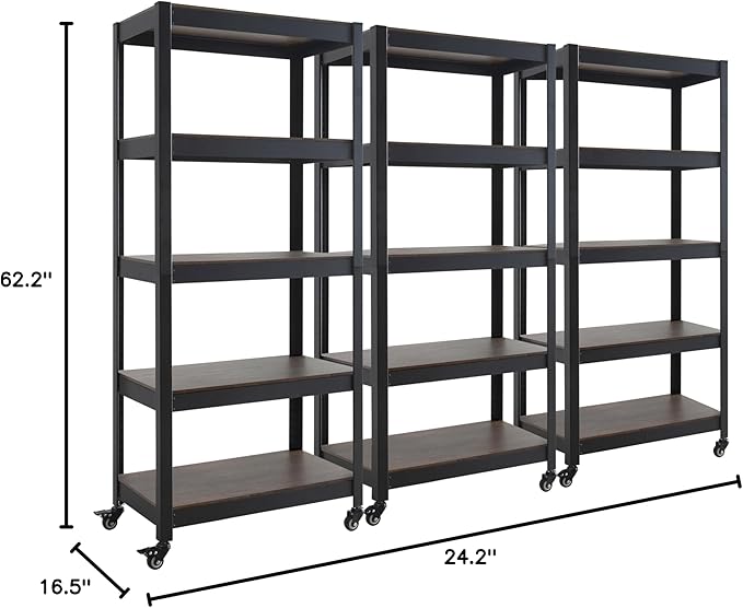 HOMEDANT House 5-Tier Metal Rolling Cart Shelf Rack Casters Heavy Duty Laminated Wheel Shelving Unit Adjustable Utility Storage Shelves Organizer Shelf Kitchen Garage (3, (S) 24.4" W, Black)