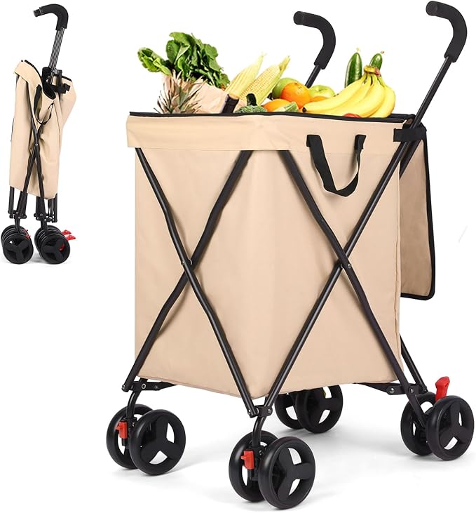 27 Gal/180 LBS Capacity Shopping Cart, Upgrade Huge Grocery Cart on Wheels,Heavy Duty Foldable Utility 360° Rolling Swivel Wheels for Shopping Picnic Groceries Laundry (Khaki)