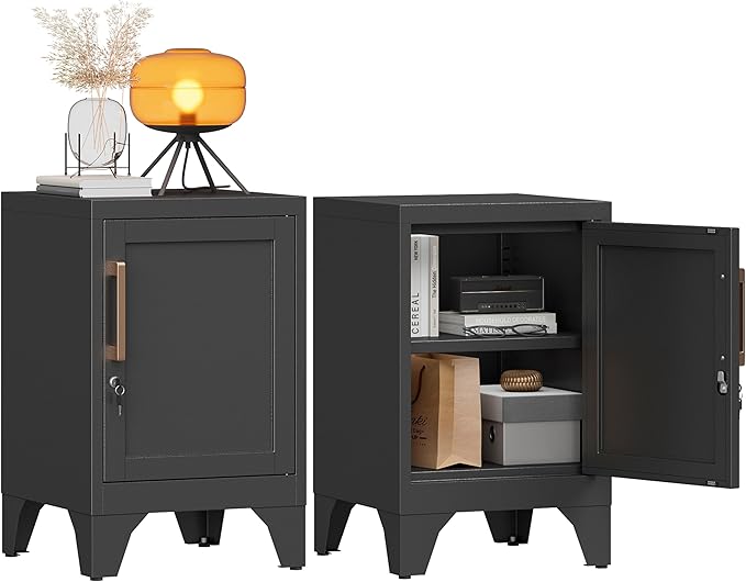 Bestoo Metal Locking Cabinet, 23.6" H Locker with 1 Magnetic Door and 1 Adjustable Shelve, Small Lockable Nightstand, Black Bedside Storage Cabinets for Bedroom, Home, Office, School