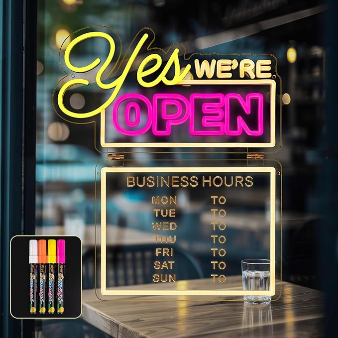 MissAudrey Yes! We Are Open Neon Signs for Business with Cycle Timer, 16.5"*19.4" LED Open Neon Sign for Wall Decor, USB Power with Business Hours Lights Up Sign for Bar Coffee Shop Restaurant Club