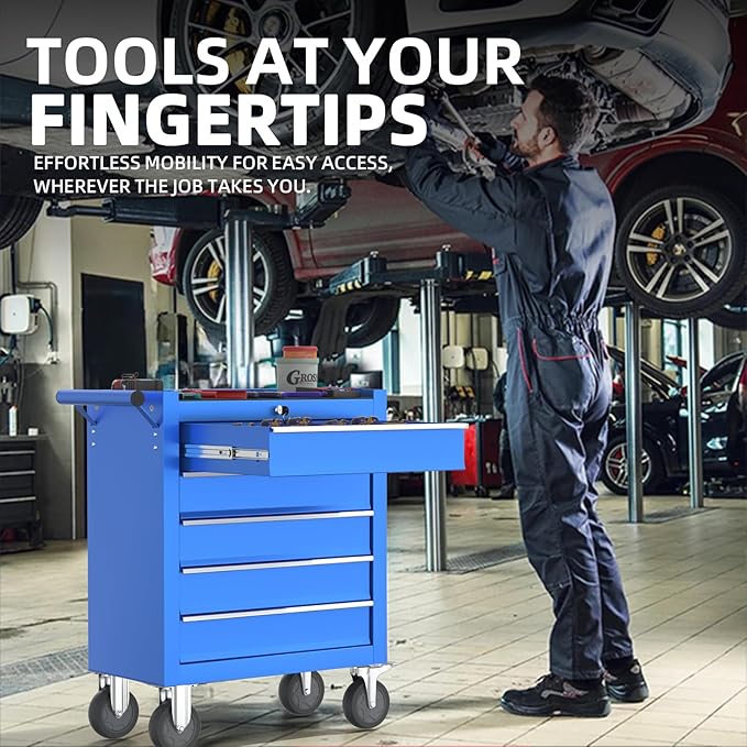 5-Drawers Garage Tool Chest, Large Capacity Tool Cabinet Heavy Duty Mechanic Rolling Tool Box Metal Locking Tool Cart with Drawers and Wheels for Storage