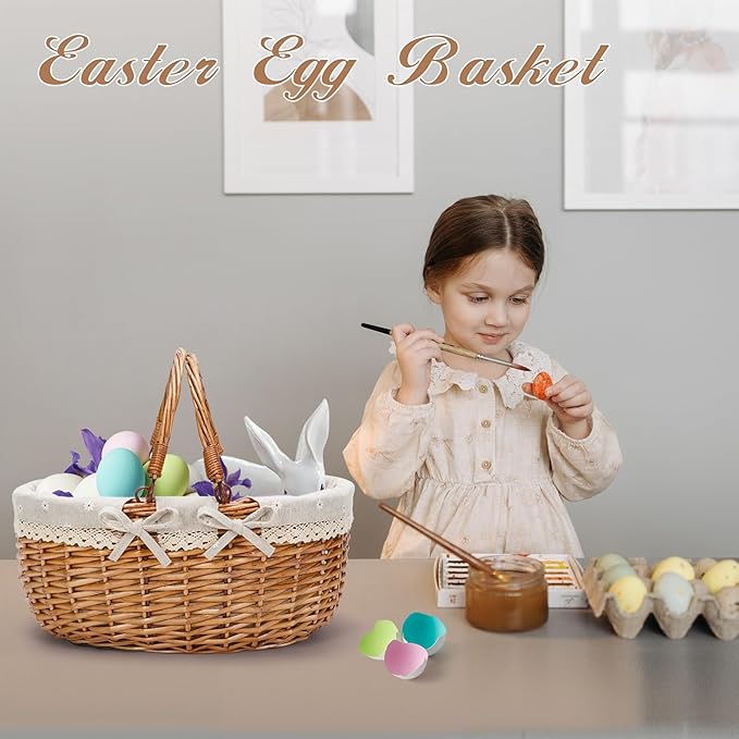 G GOOD GAIN Wicker Picnic Basket with Double Folding Handles,Willow Picnic Hamper,Natural Hand Woven Easter Basket,Easter Eggs and Candy Basket,Bath Storage,Gift Packing Basket.White
