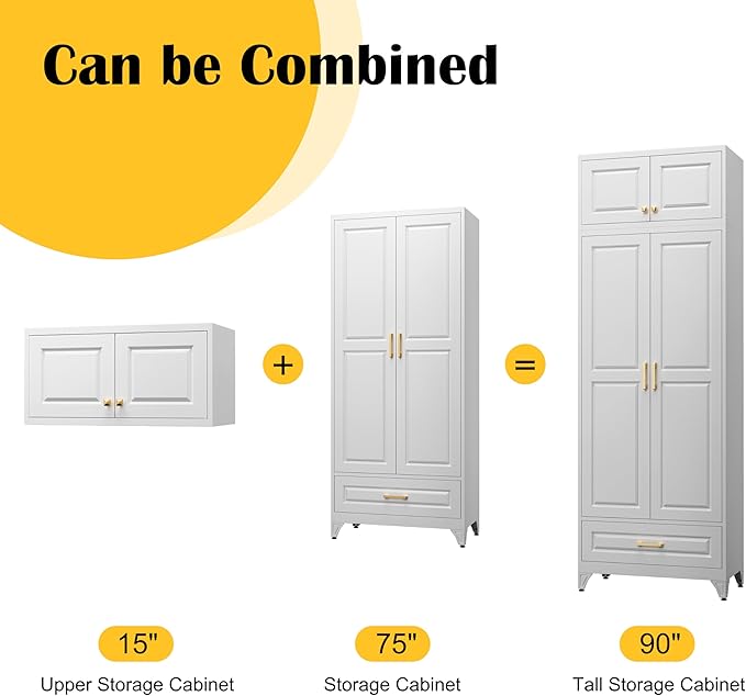 90" Kitchen Pantry Cabinet with Drawer, Metal Storage Cabinets with Doors and 4 Adjustable Shelves,White Kitchen Cabinet with 2 Gold Handles,Food Cupboard for Livingroom,Pantry, Bathroom
