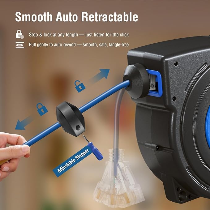 SURAIELEC 50FT Retractable Extension Cord Reel, 14AWG/3C SJTOW Heavy Duty Power Cord with Lighted Triple Tap, 13A Circuit Breaker, Ceiling/Wall Mount for Garage, Shop, Workshop, ETL Listed, Blue