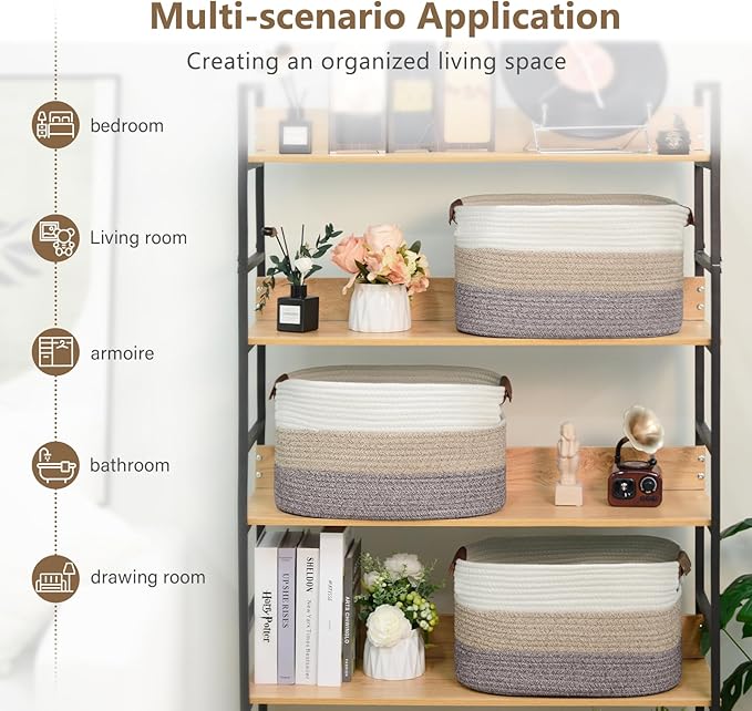 Cotton Rope Basket, Storage Baskets with Handle, 15x10x9 Inch Woven Basket for Shelves, Laundry, Towels, Clothes, Books, (Gradient Brown 1 Pack)